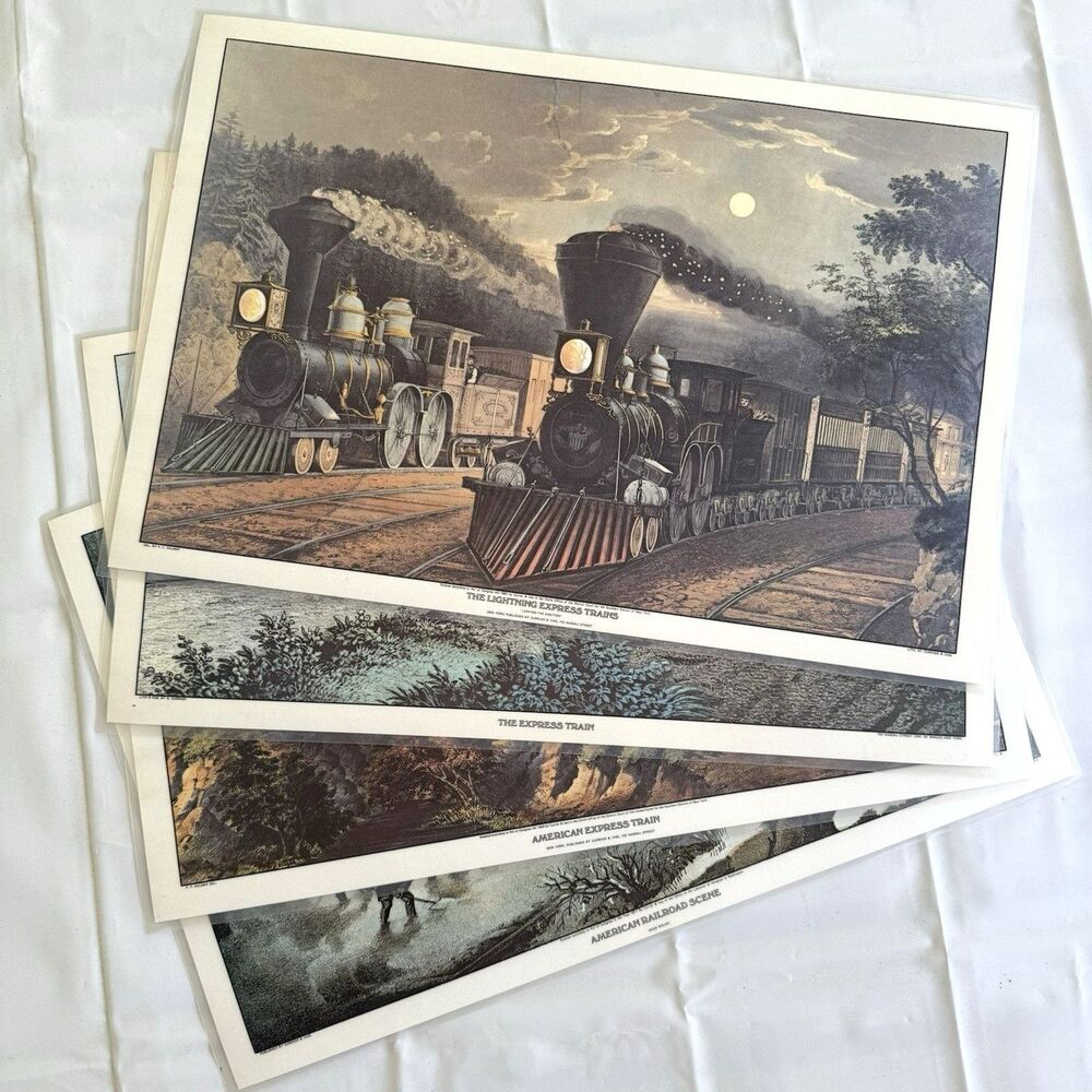 Set of 4 Vintage Train Placemats Railroad Train Currier and Ives Plastic